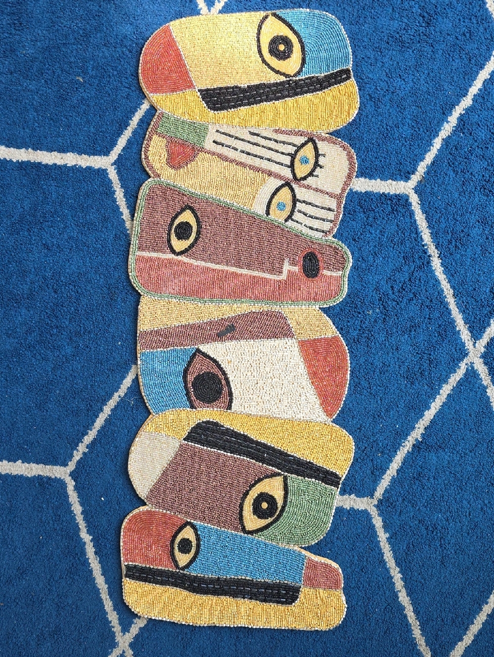 Abstract Face Beaded Table Runner with Yellow, Blue, Red, Green Accents